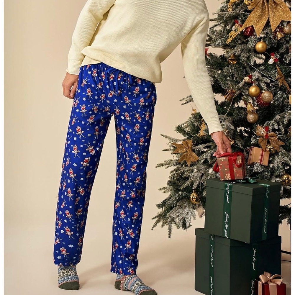 Runcati Mens Christmas Pajama‎ Pants Blue Sock Monkey Reindeer Snowflake XL